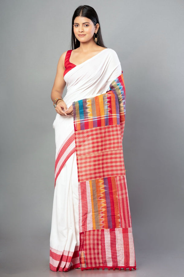 White and Red Pure Cotton Gamcha Saree - Anvi Couture