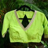 Mint Green Blouse with V Neckline and Embroidered Back Cutout and Half Sleeves - Anvi Couture