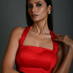 Women's Sleeveless Red Cotton Halter Neck Blouse