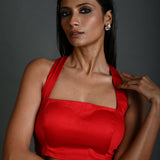 Women's Sleeveless Red Cotton Halter Neck Blouse