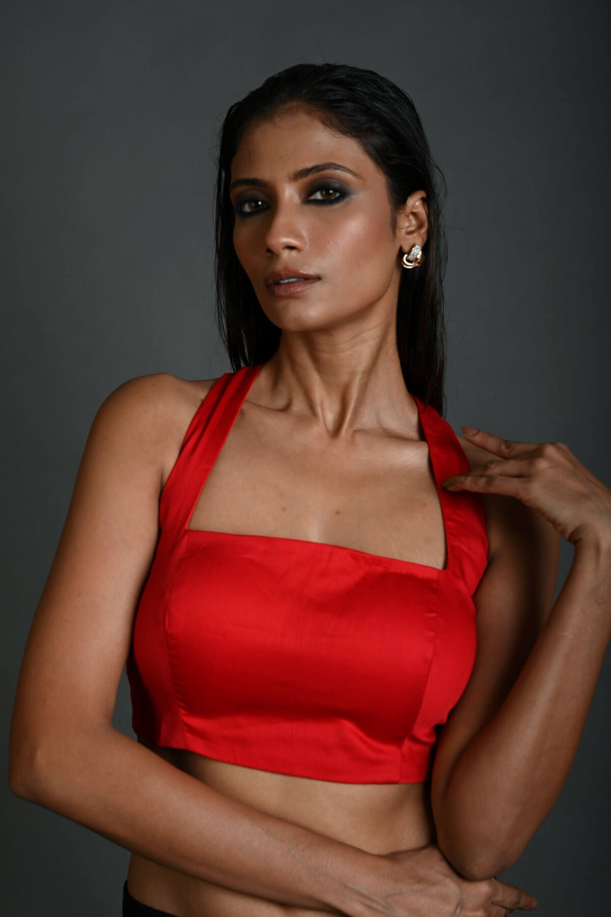 Women's Sleeveless Red Cotton Halter Neck Blouse