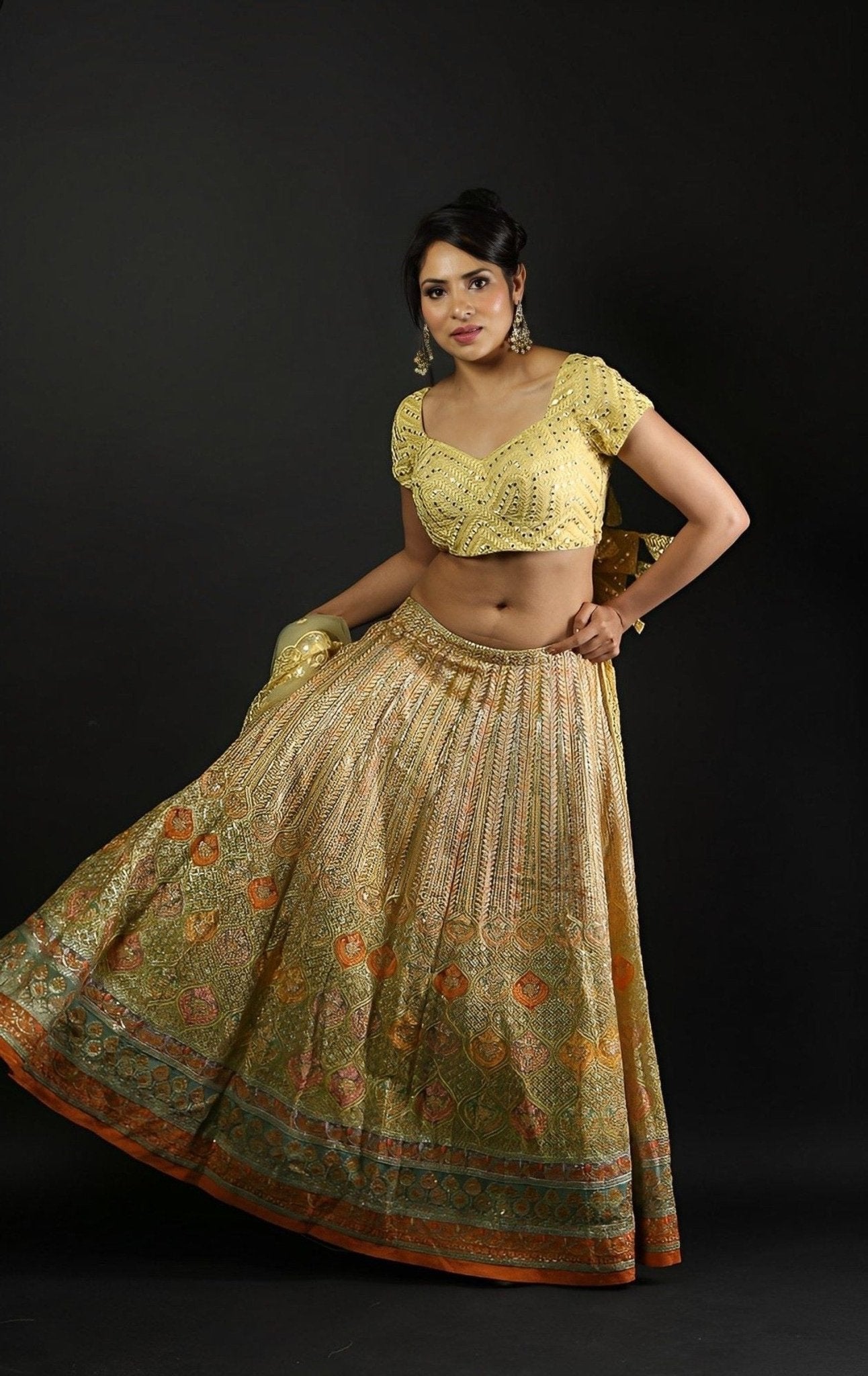 Designer Yellow Embroidered Lehenga Set with Mirror Work Top - Anvi Couture- Image 4