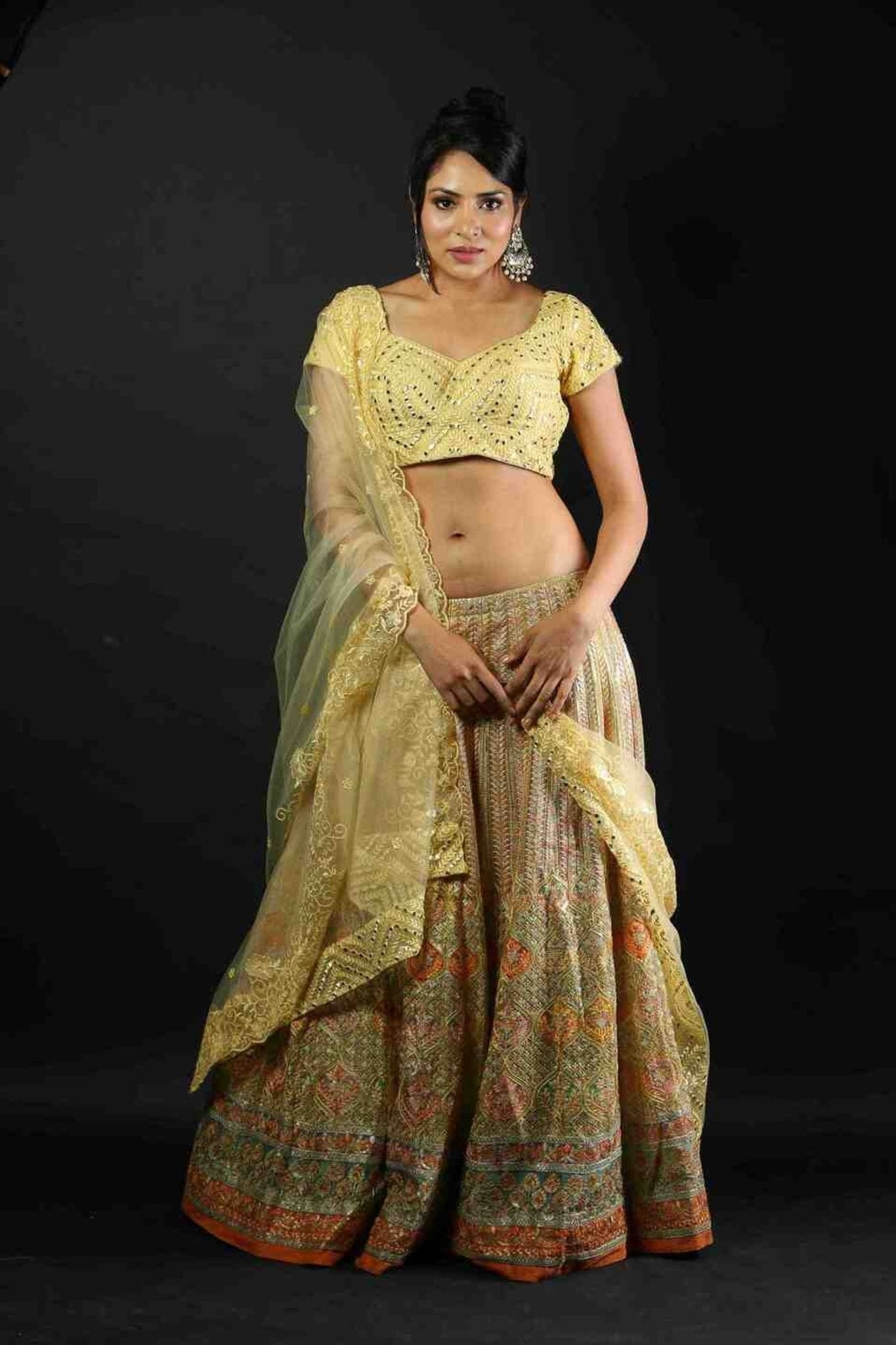 Designer Yellow Embroidered Lehenga Set with Mirror Work Top - Anvi Couture - Image 1