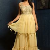 Yellow Mirrorwork Georgette Sharara Set - Anvi Couture