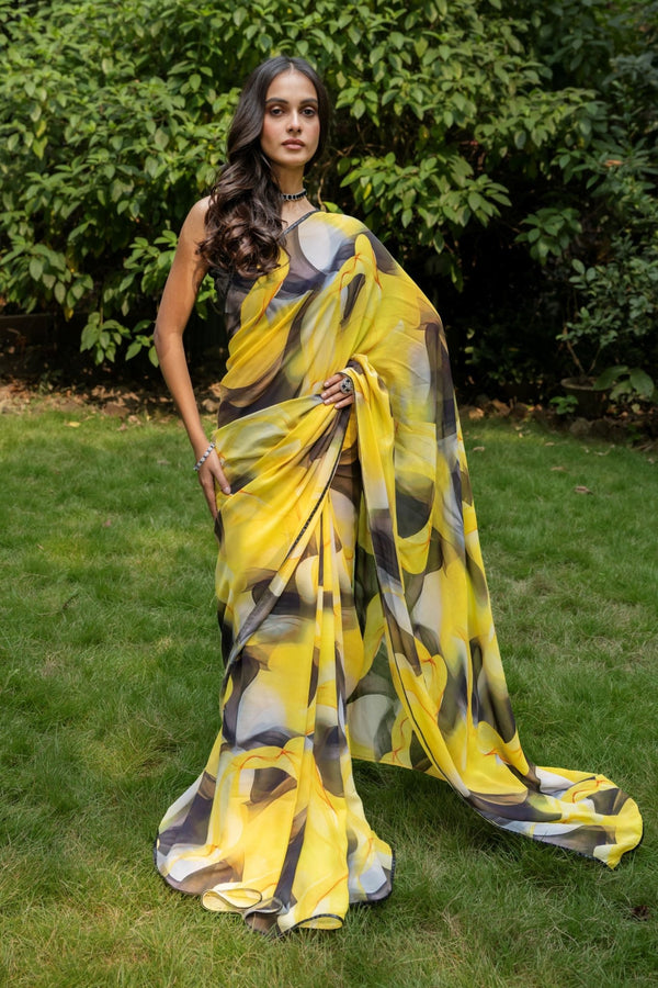 Yellow Abstract Printed Georgette Saree - Anvi Couture