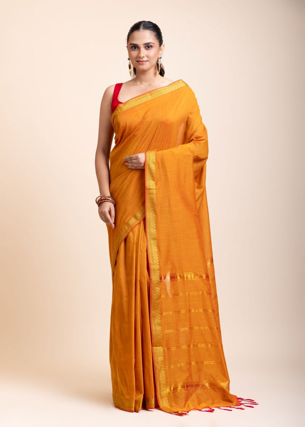 Yellow Cotton Handloom Saree with Golden Border - Anvi Couture