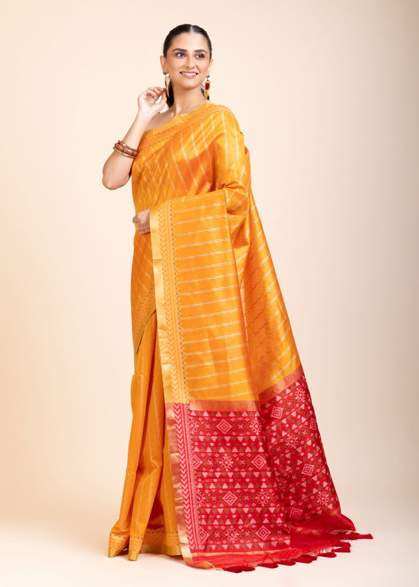 Yellow Gharchola Silk Saree With Red Pallu - Anvi Couture