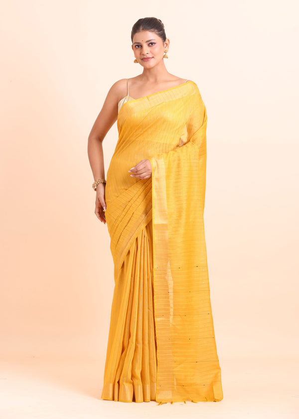 Yellow Handloom Silk Saree With Golden Checks Front View