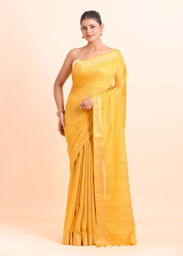 Yellow Handloom Silk Saree With Golden Checks - Anvi Couture