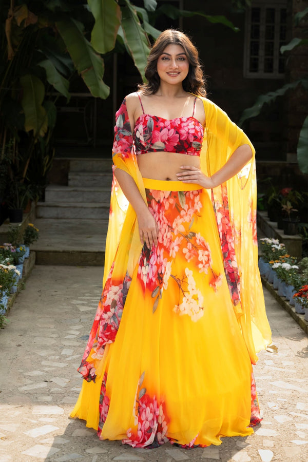Yellow Lehenga with Multicolored Floral Prints in Georgette Fabrics - Anvi Couture
