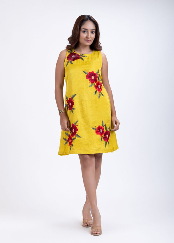 Yellow Short Dress With Embroidered Work - Anvi Couture