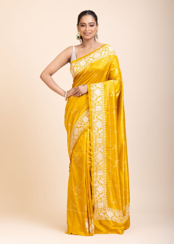 Yellow Silk Saree With White Floral Embroidered Border - Anvi Couture