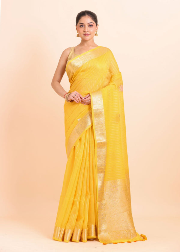 Yellow Silk Saree with Golden Border and Pallu - Anvi Couture