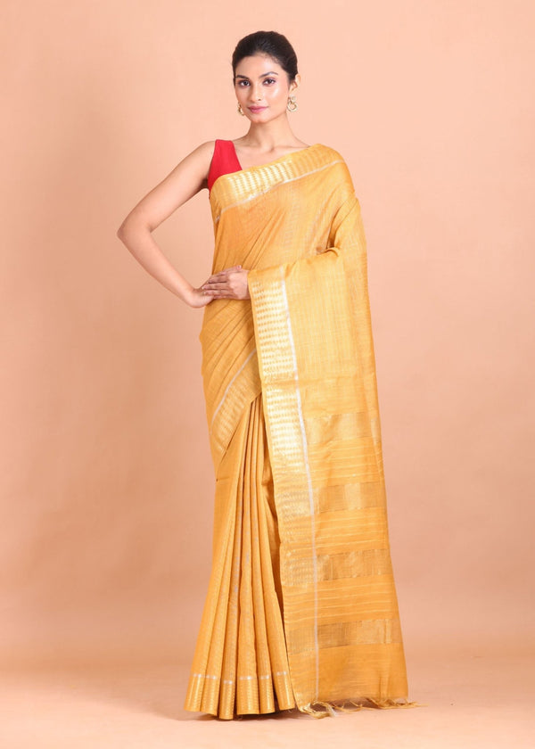 Yellow Silk Saree with Golden Border - Anvi Couture