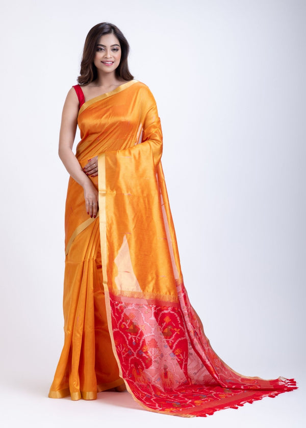 Yellow Silk Saree with Red Patola Pallu - Anvi Couture