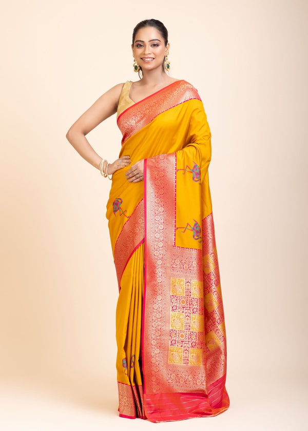 Yellow Soft Silk Saree With Red and Golden Border - Anvi Couture