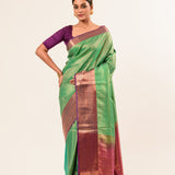 Forest Green Kanjivaram Silk Saree with Magenta Border and all over Zari - Image 1