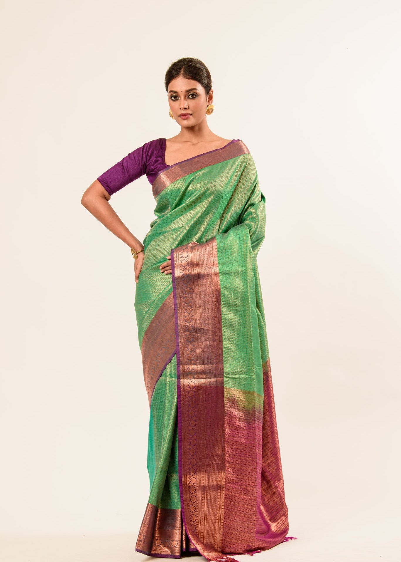 Forest Green Kanjivaram Silk Saree with Magenta Border and all over Zari - Image 1