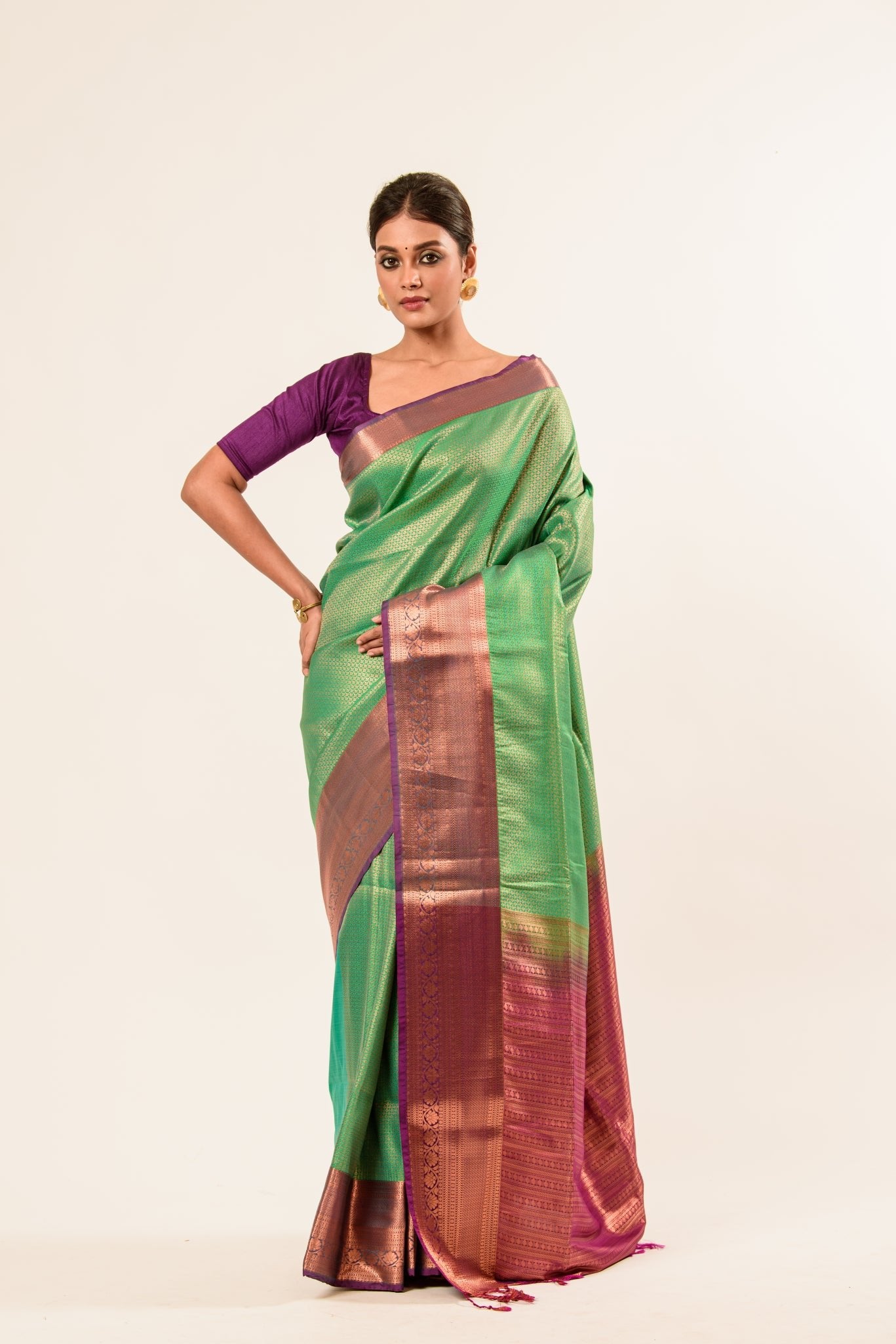 Forest Green Kanjivaram Silk Saree with Magenta Border and all over Zari - Image 1