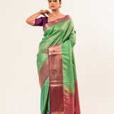 Forest Green Kanjivaram Silk Saree with Magenta Border and all over Zari - Image 2
