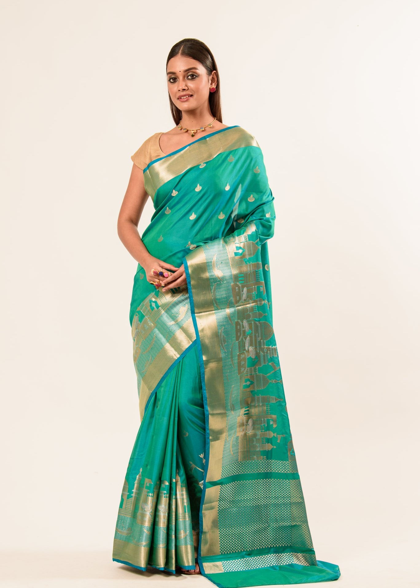 Light Blue and Gold Temple Border Pure Katan Banarasi Silk Saree - Image 1