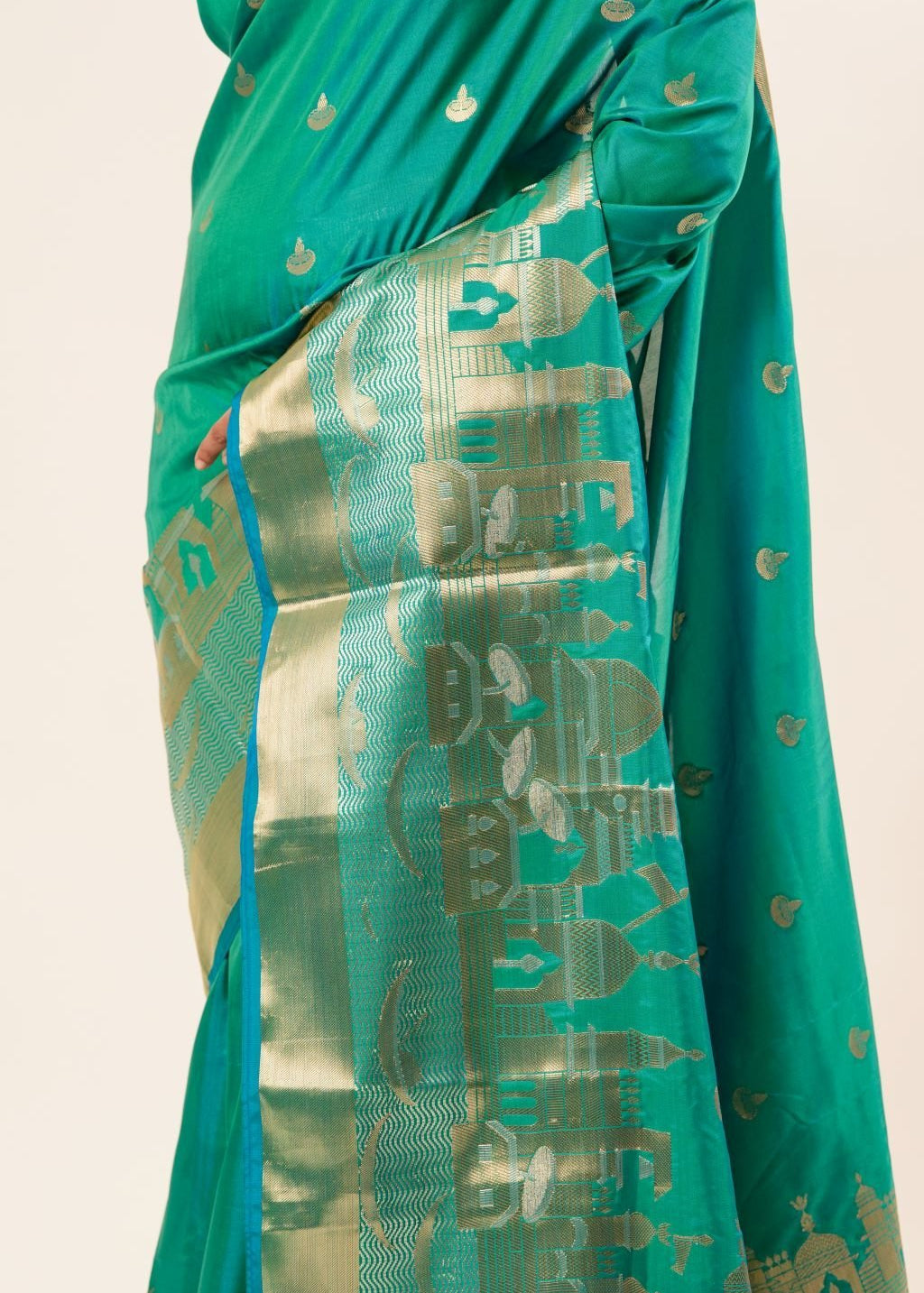 Light Blue Banarasi Katan Silk Saree with Golden Temple Border - Image 2