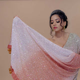Peach and White Georgette Designer Saree With Sequin Work And Tassel Pallu - Anvi Couture