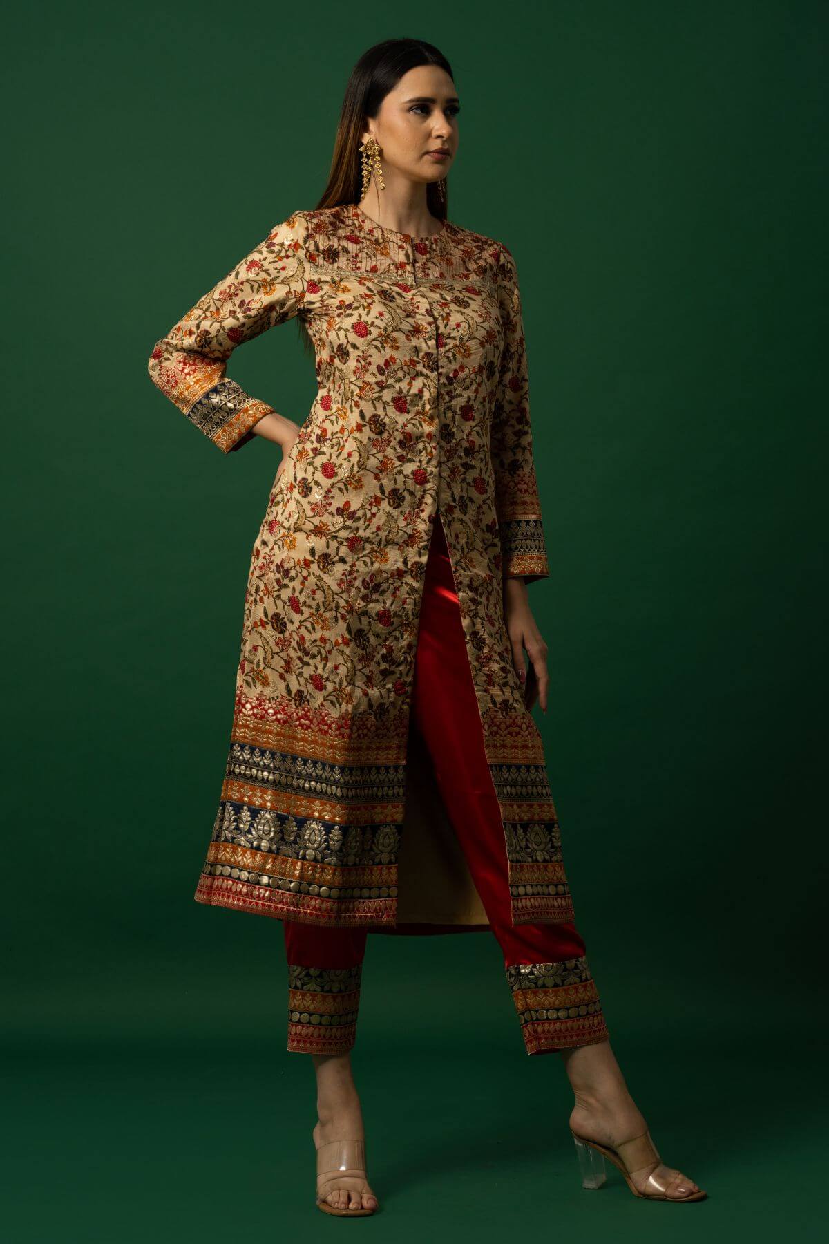 Red Banarasi Jacquard Silk Kurti Pant Set - Main Image