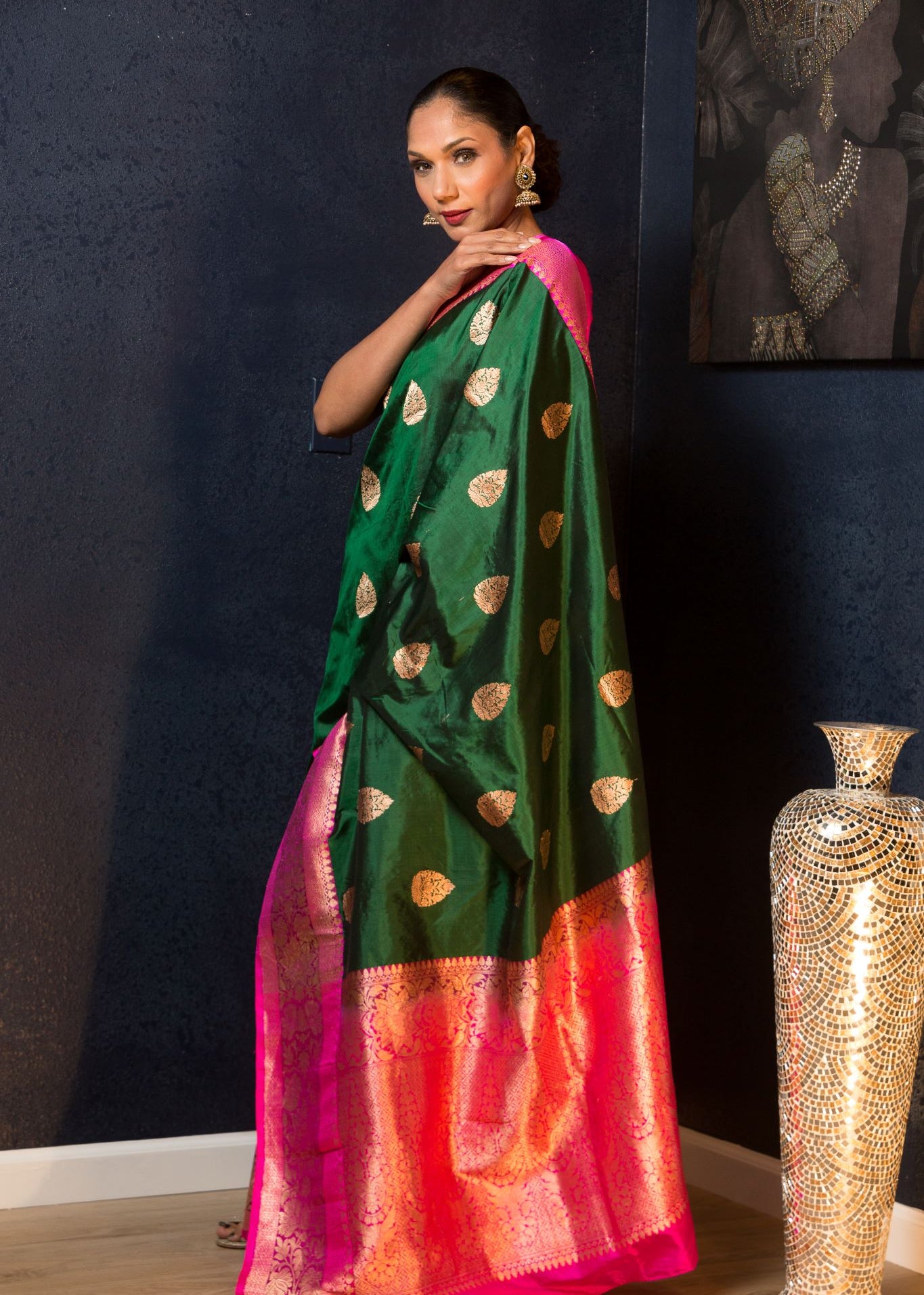 Green Handwoven Pure Katan Banarasi Silk Saree with Gold Zari - Image 1
