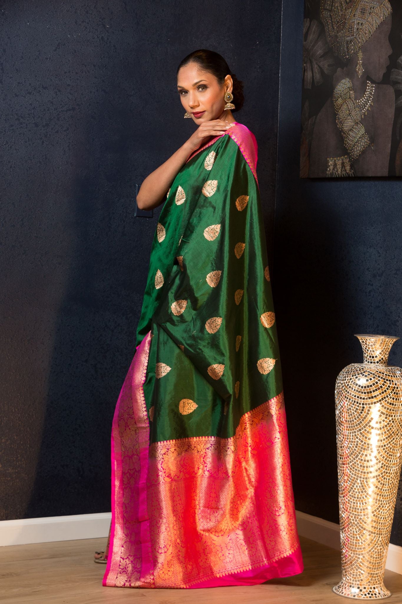 Green Handwoven Pure Katan Banarasi Silk Saree with Gold Zari - Image 1
