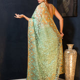 Sea Green Net Saree with Stonework and Embroidery