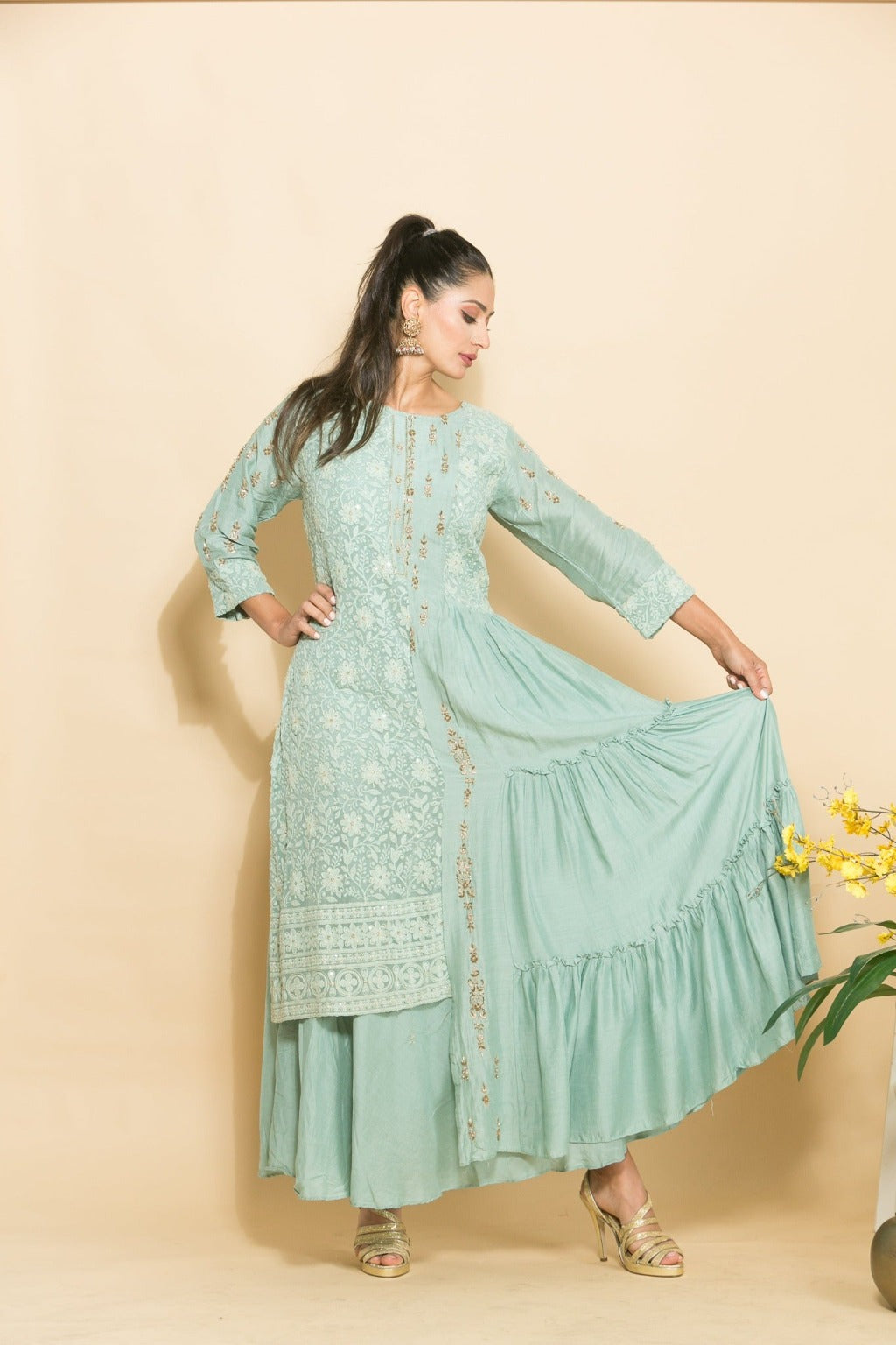 Light Blue Elegant Embroidered Designer Fusion Dress
