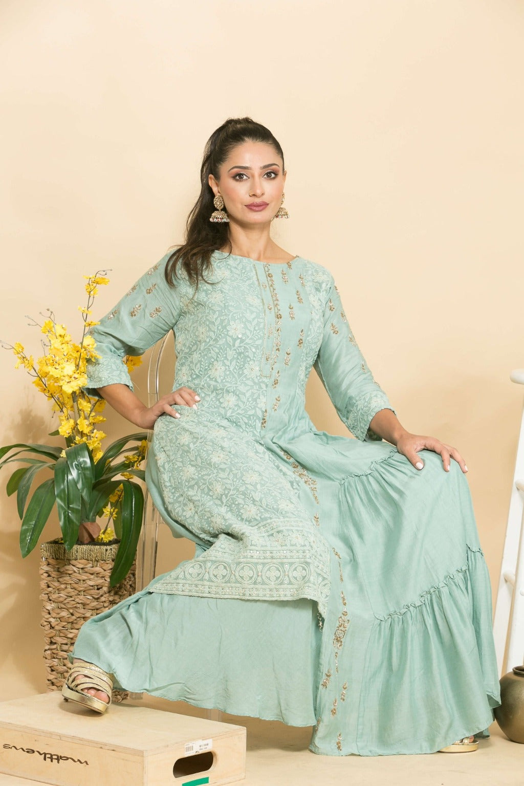 Light Blue Elegant Embroidered Designer Fusion Dress