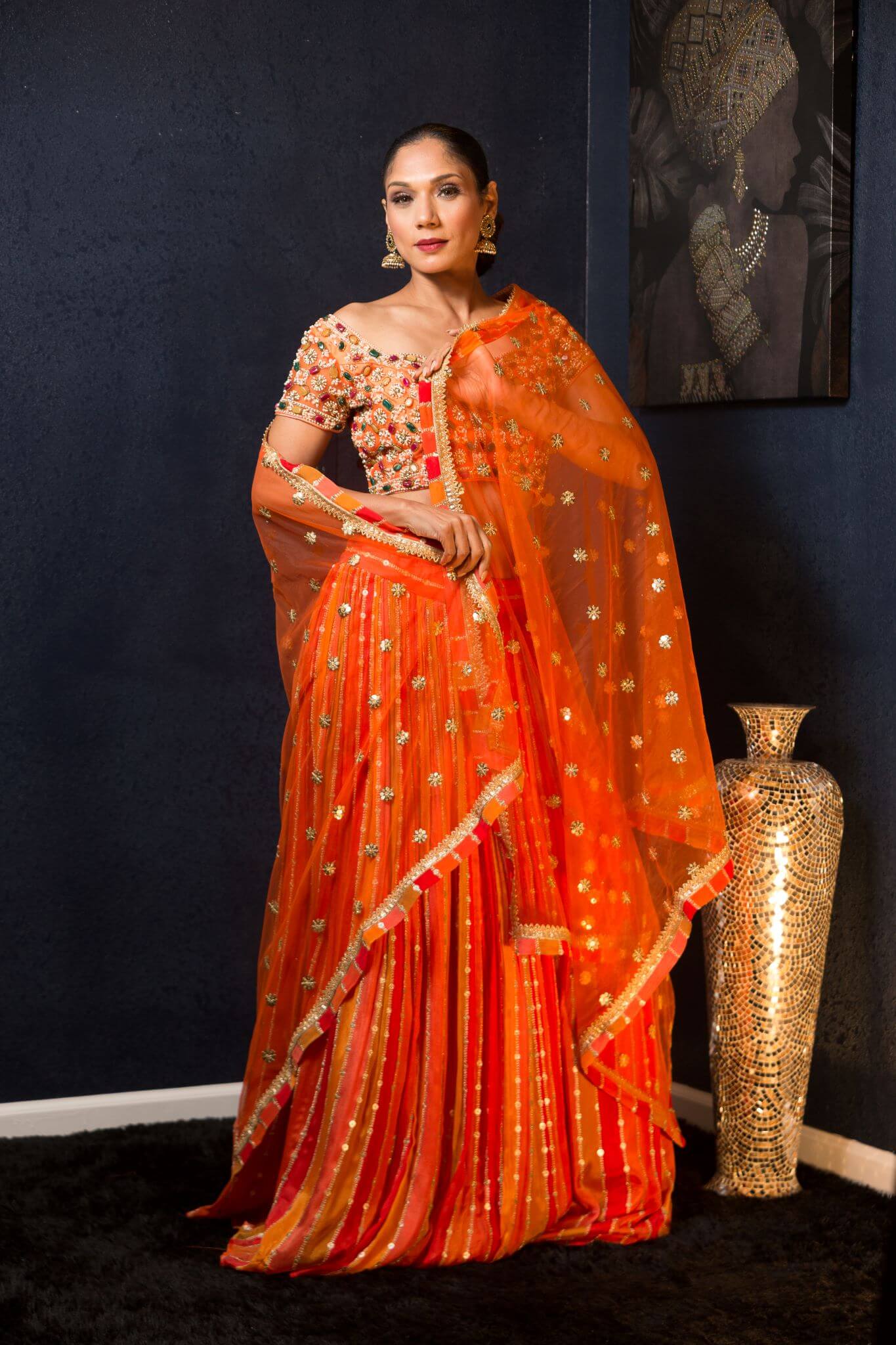 Orange Designer Lehenga With Gems Embroidered Blouse