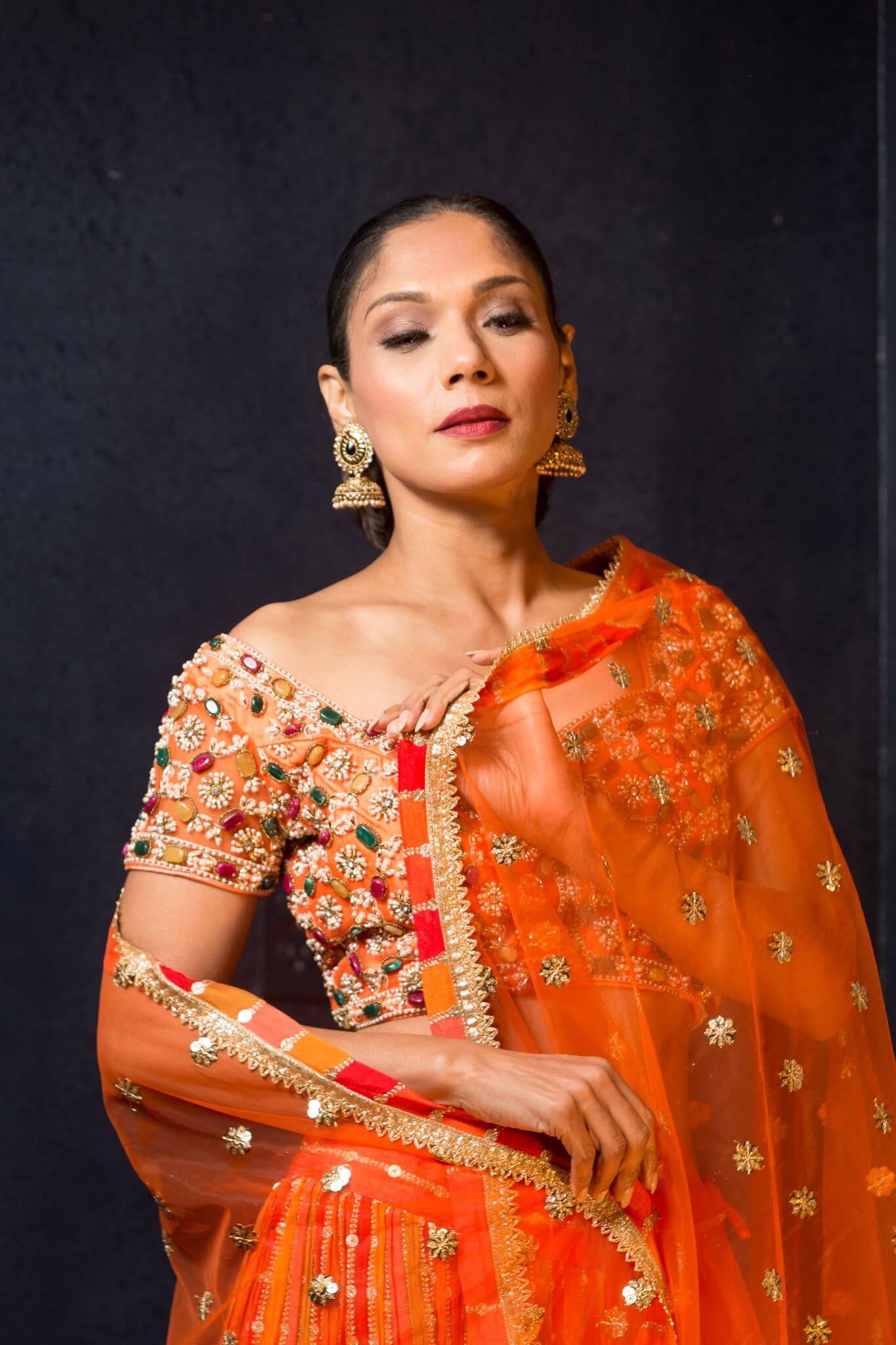 Orange Designer Lehenga With Gems Embroidered Blouse