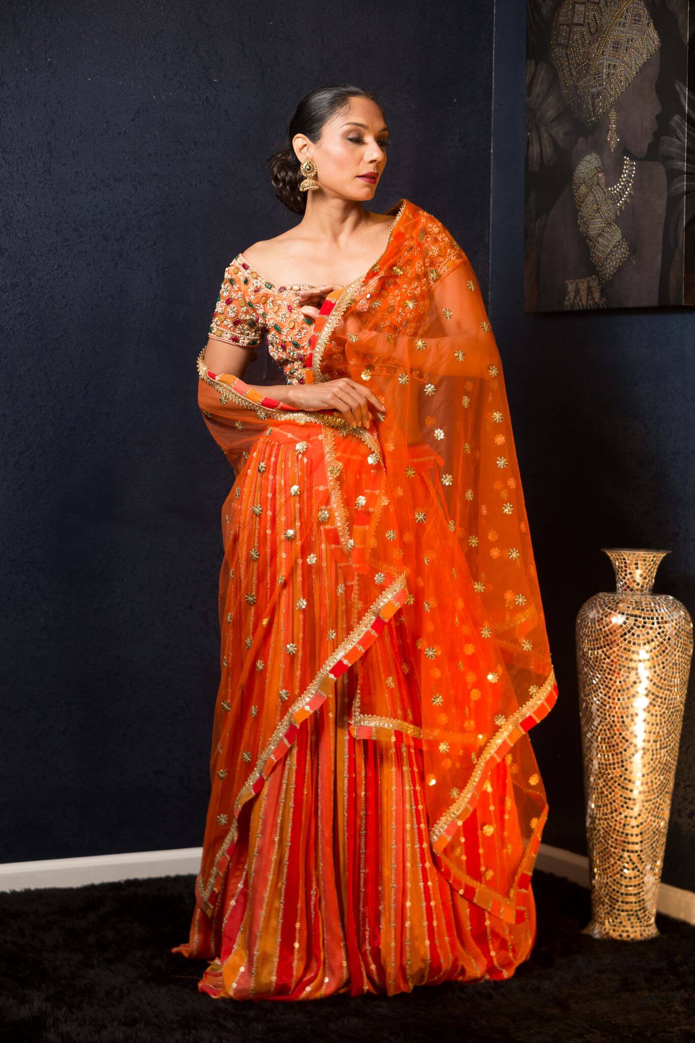 Orange Designer Lehenga With Gems Embroidered Blouse