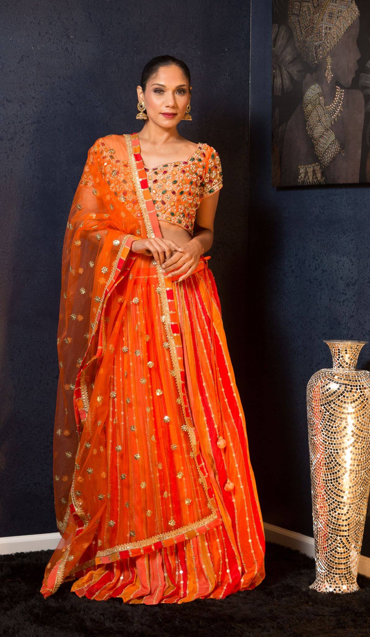 Orange Designer Lehenga With Gems Embroidered Blouse