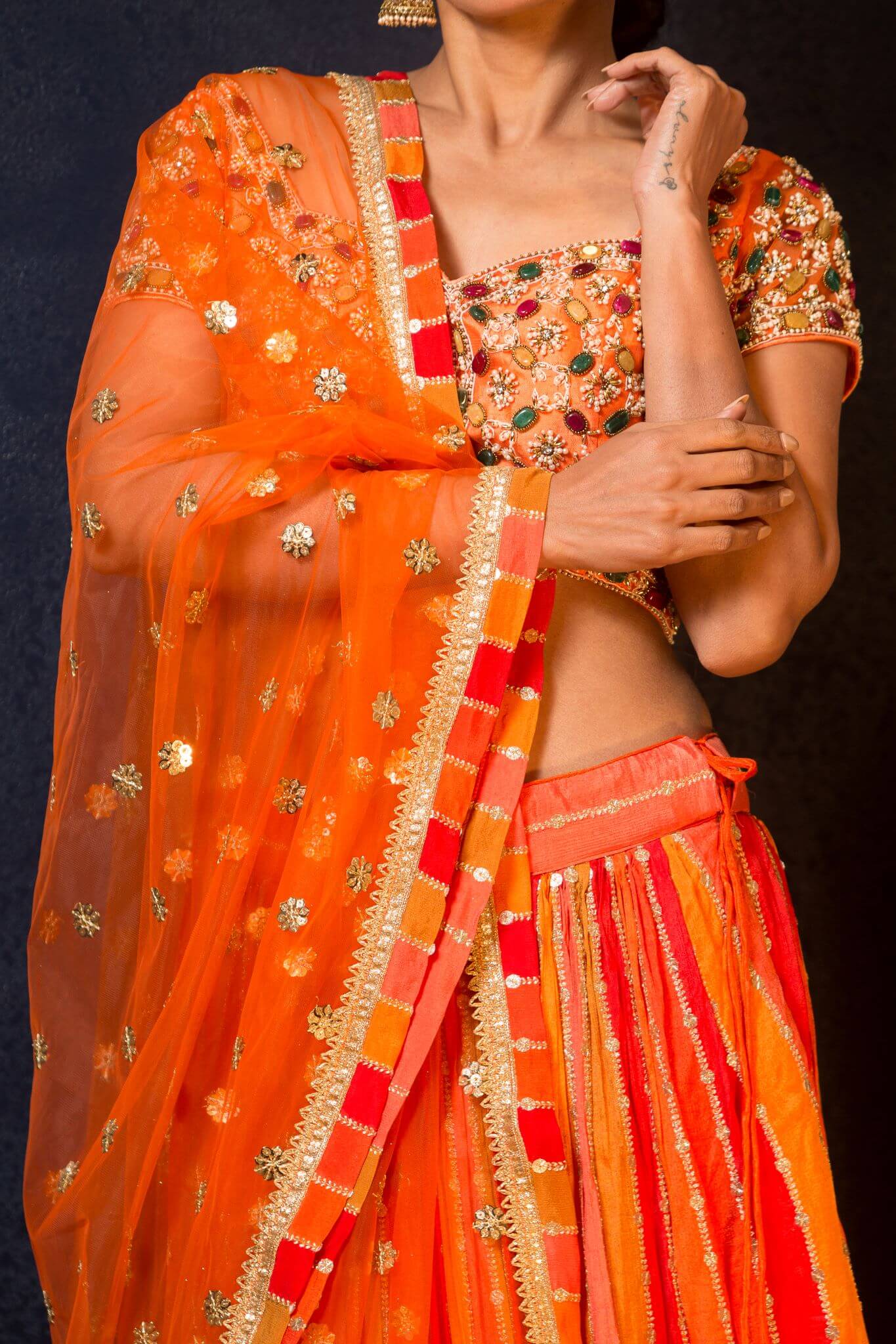 Orange Designer Lehenga With Gems Embroidered Blouse
