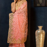 Pink Sequin Embroidered Net Saree with Floral Designs - Anvi Couture