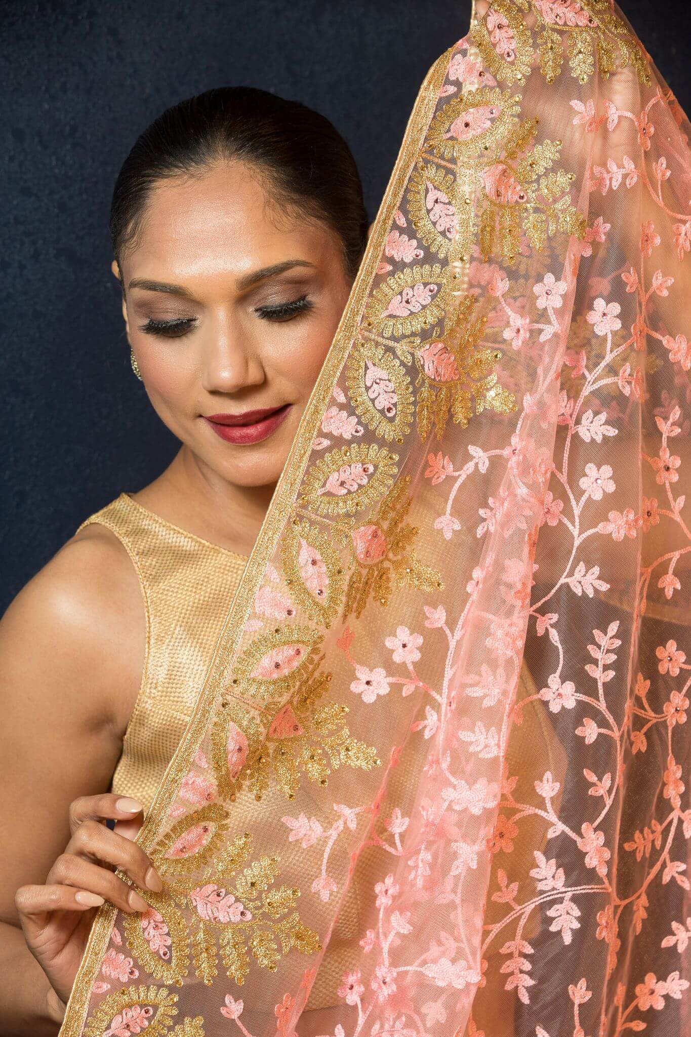 Pink Sequin Embroidered Net Saree with Floral Designs - Anvi Couture