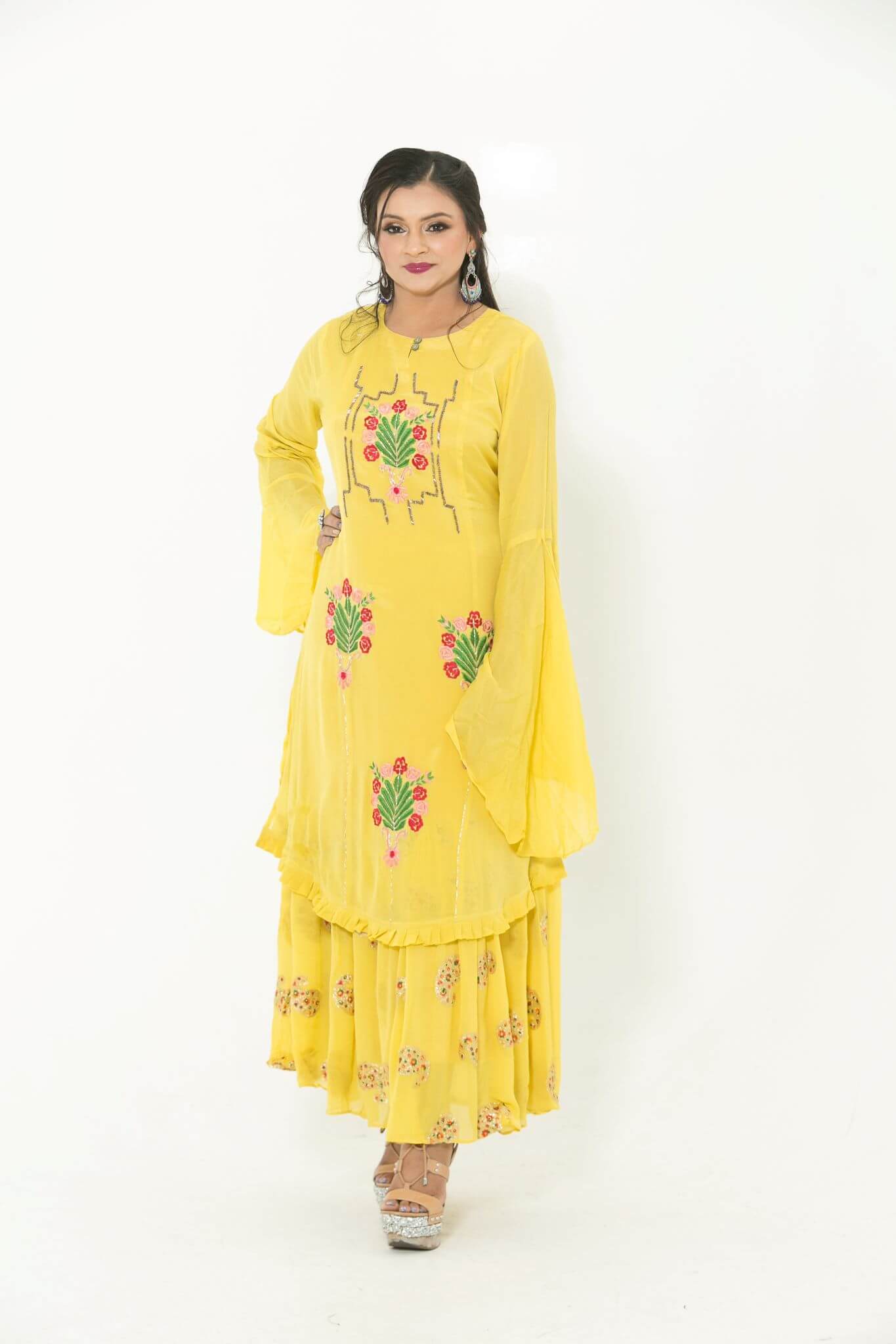 Yellow Party Wear Gown With Hand Embroidery - Anvi Couture