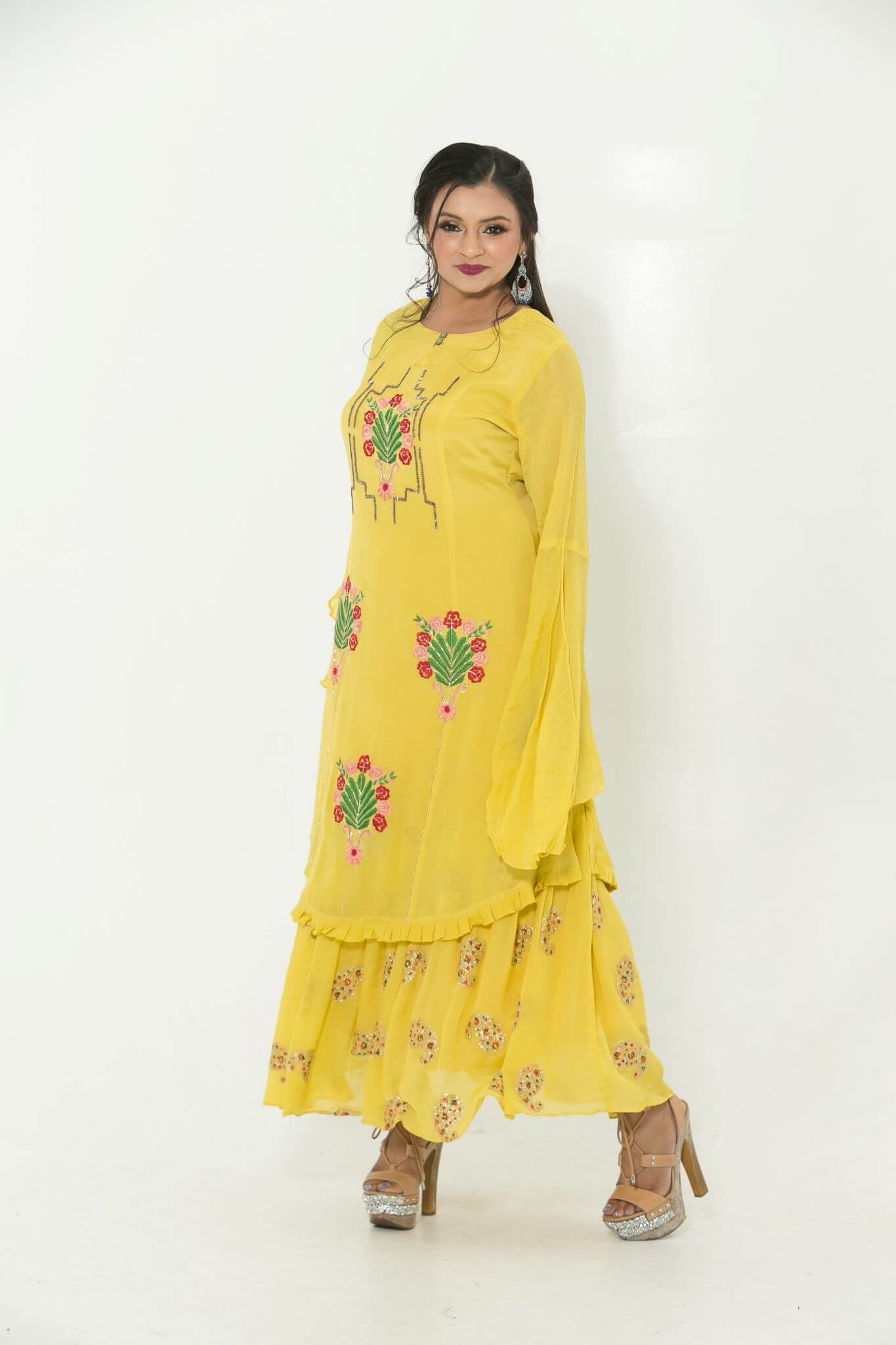Yellow Party Wear Gown With Hand Embroidery - Anvi Couture