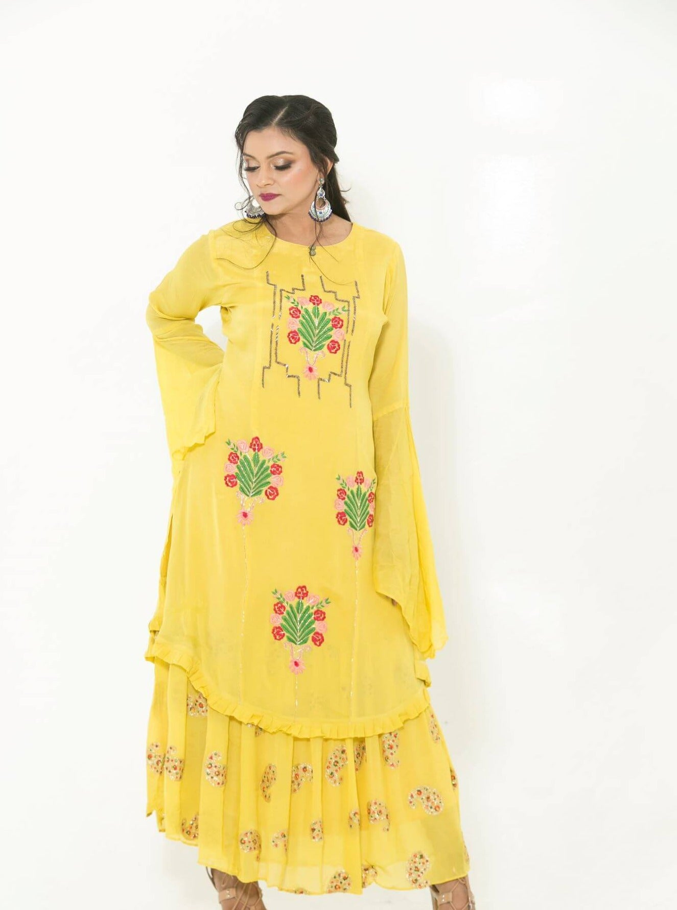 Yellow Party Wear Gown With Hand Embroidery - Anvi Couture