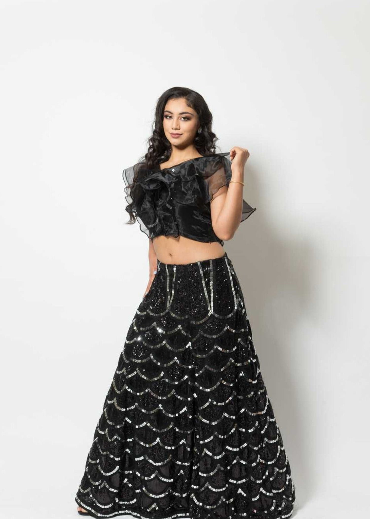 Black Fusion Lehenga with Sequin embroidery and Ruffle blouse - Anvi Couture