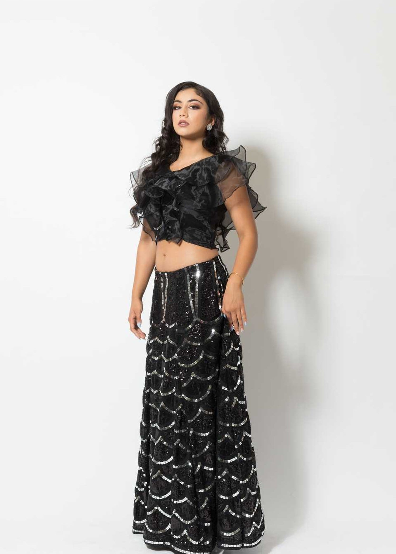 Black Fusion Lehenga with Sequin embroidery and Ruffle blouse - Anvi Couture
