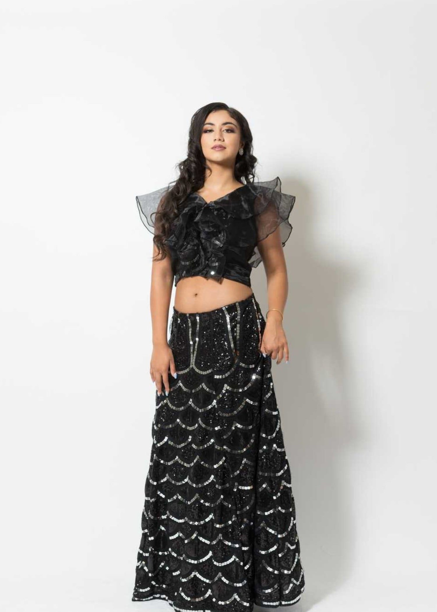 Black Fusion Lehenga with Sequin embroidery and Ruffle blouse - Anvi Couture