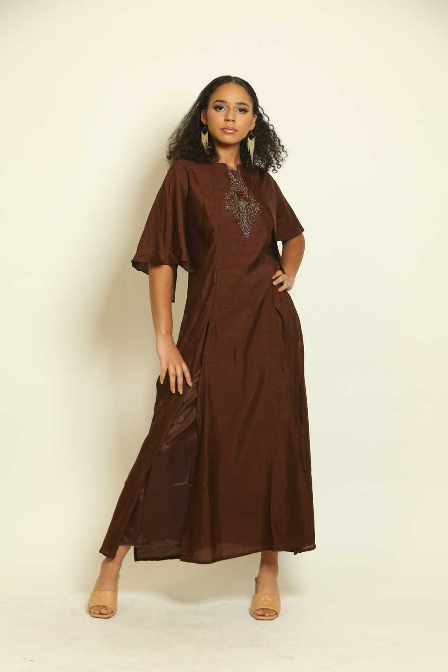Brown Embroidered Two-Piece Dress - Anvi Couture