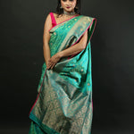 Green Brocade Banarasi Silk Saree with Heavy Border - Image 3