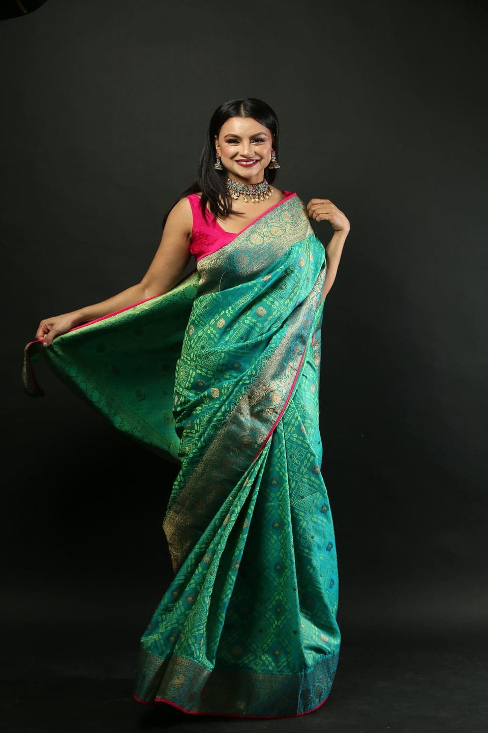 Green Brocade Banarasi Silk Saree with Heavy Border - Image 2