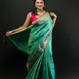 Green Brocade Banarasi Silk Saree with Heavy Border - Image 2